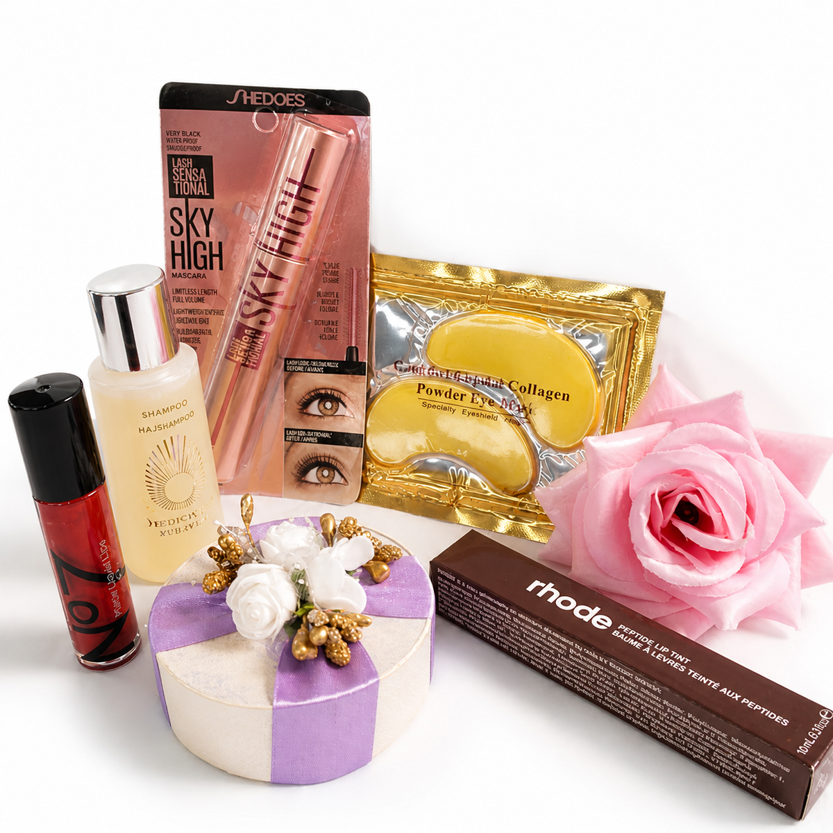 Glow Beauty Essentials Set – Lash Mascara, Rhode Lip Gloss, Eye Mask, Omoro shampoo, No.7 Lip Gloss