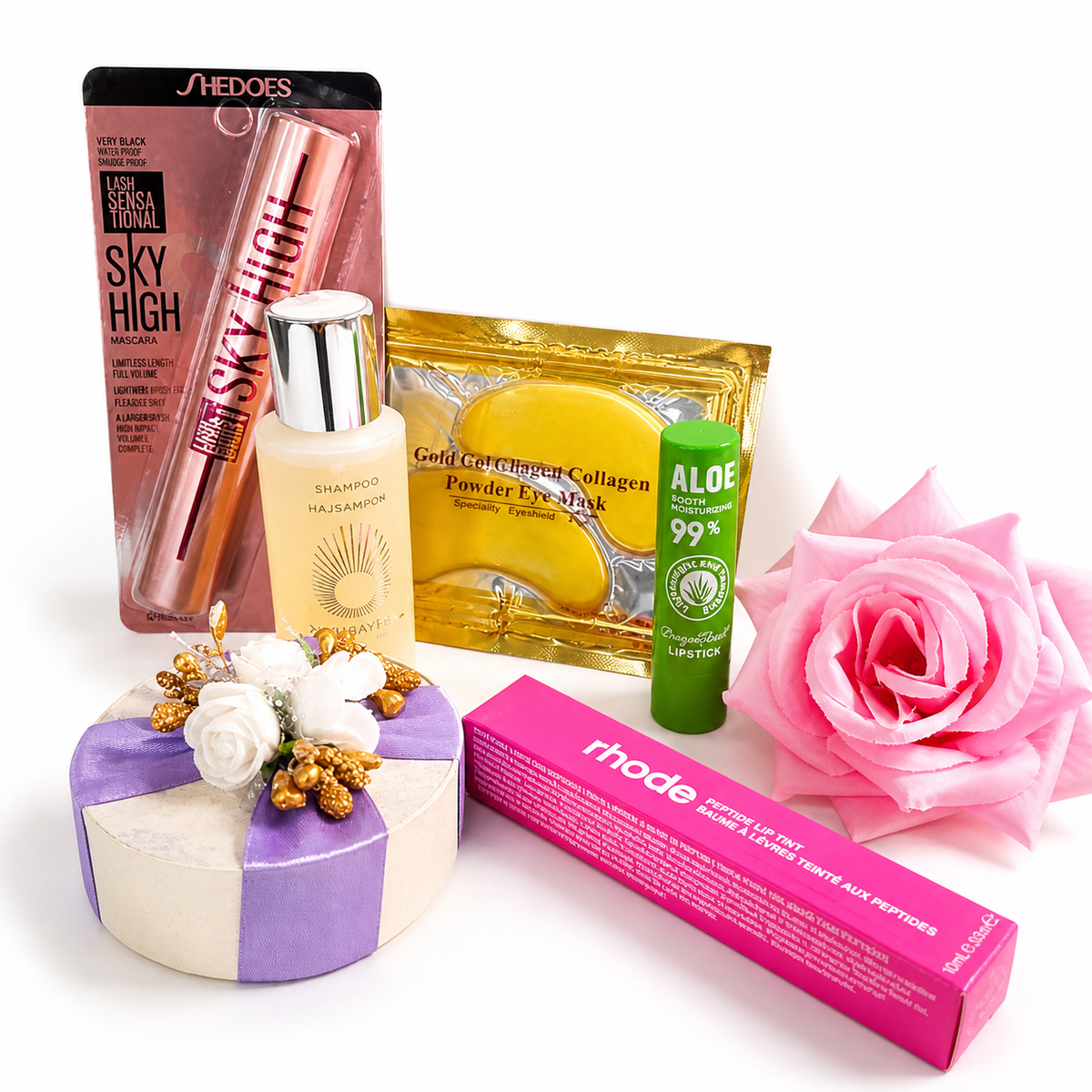 Glow Beauty Essentials Set – Lash Mascara, Rhode Lip Gloss, Eye Mask, Omoro shampoo, LipBalm